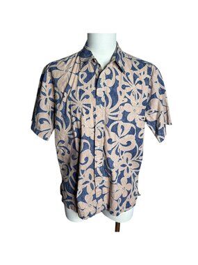 Vintage 90s Cooke Street Reverse Print Hawaiian Shirt M Blue Floral Camp Pocket